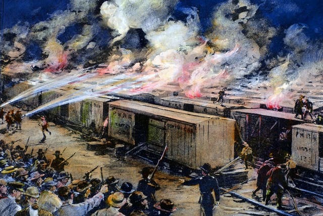 Contemporary American newspaper illustration of freight cars being set alight during the Pullman Strike of 1894