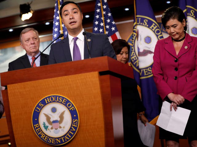 Rep Joaquin Castro (D-TX) speaks at a news conference about the court ordered family reunification deadline on Capitol Hill in Washington