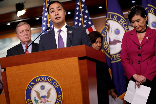 Rep Joaquin Castro (D-TX) speaks at a news conference about the court ordered family reunification deadline on Capitol Hill in Washington