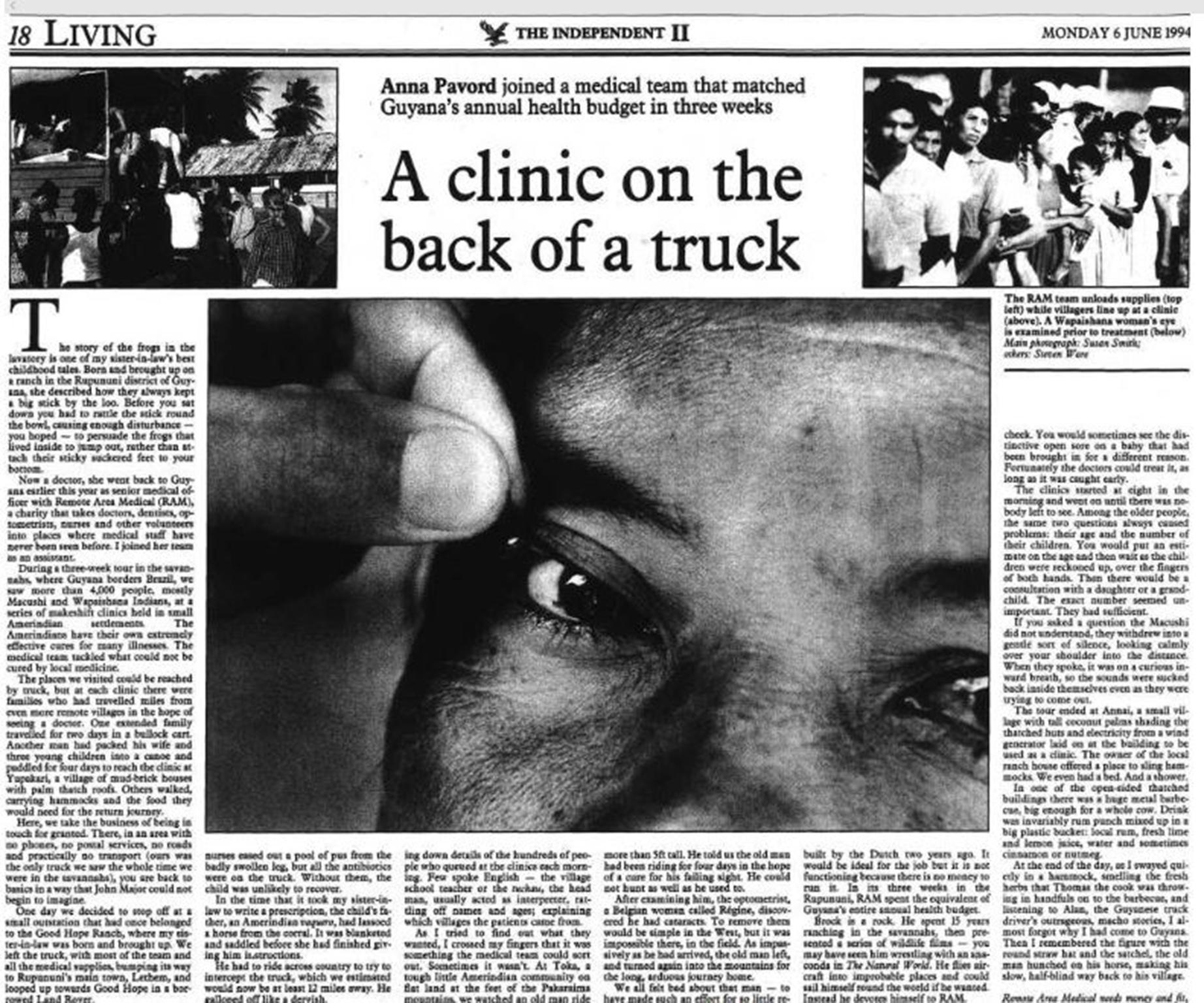 The Independent reports on a RAM clinic in Guyana on Monday 6 June 1994 (The Independent)