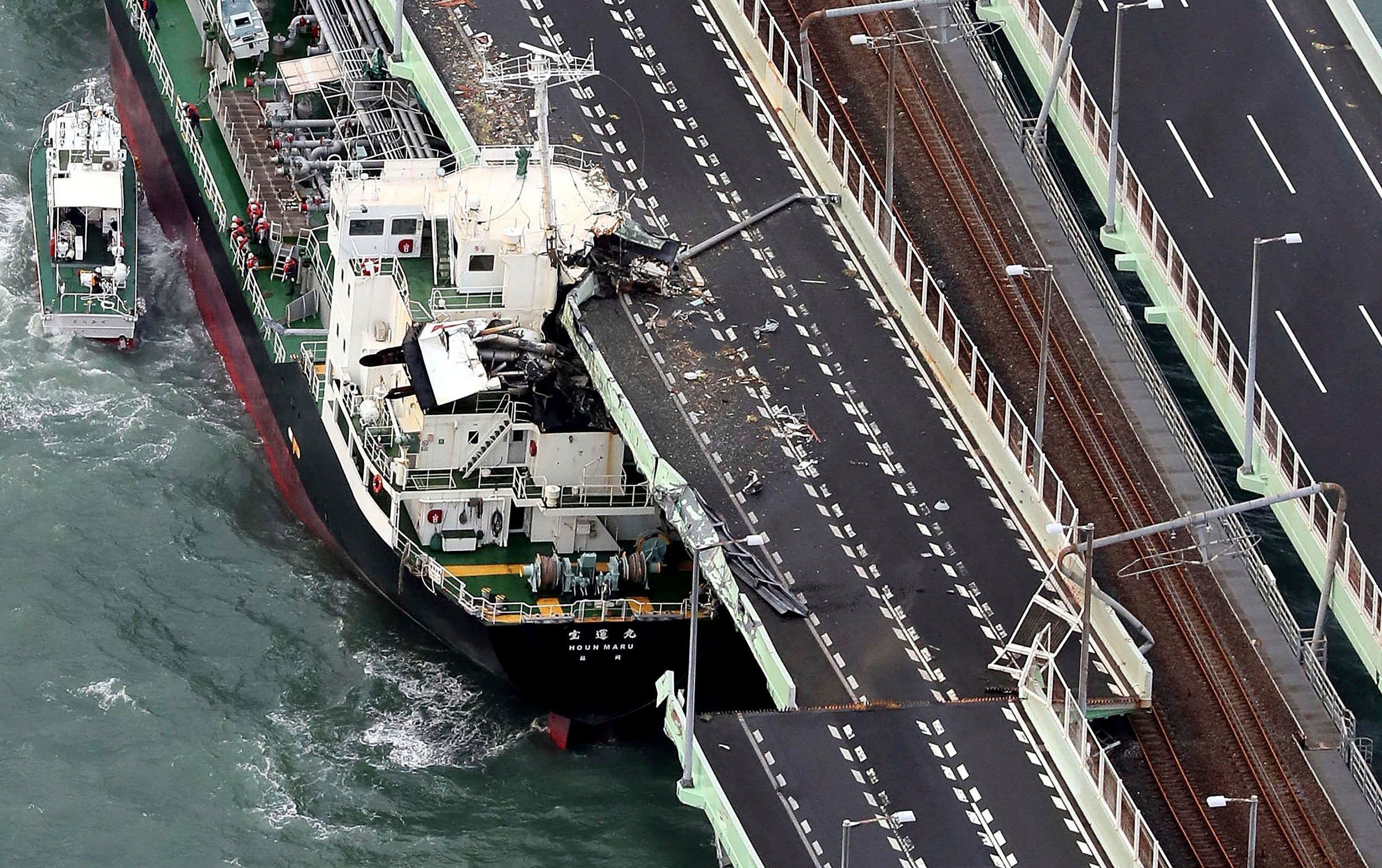 The tanker slammed into a bridge connecting Kansai airport to the mainland