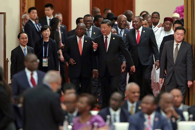 Chinese President Xi Jinping, centre, with South Africa's Cyril Ramaphosa, centre left, and other leaders behind, attend the 2018 Beijing FOCAC summit
