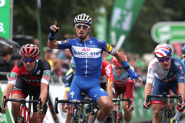 Julian Alaphilippe of Quick-Step Floors celebrates his stage three victory