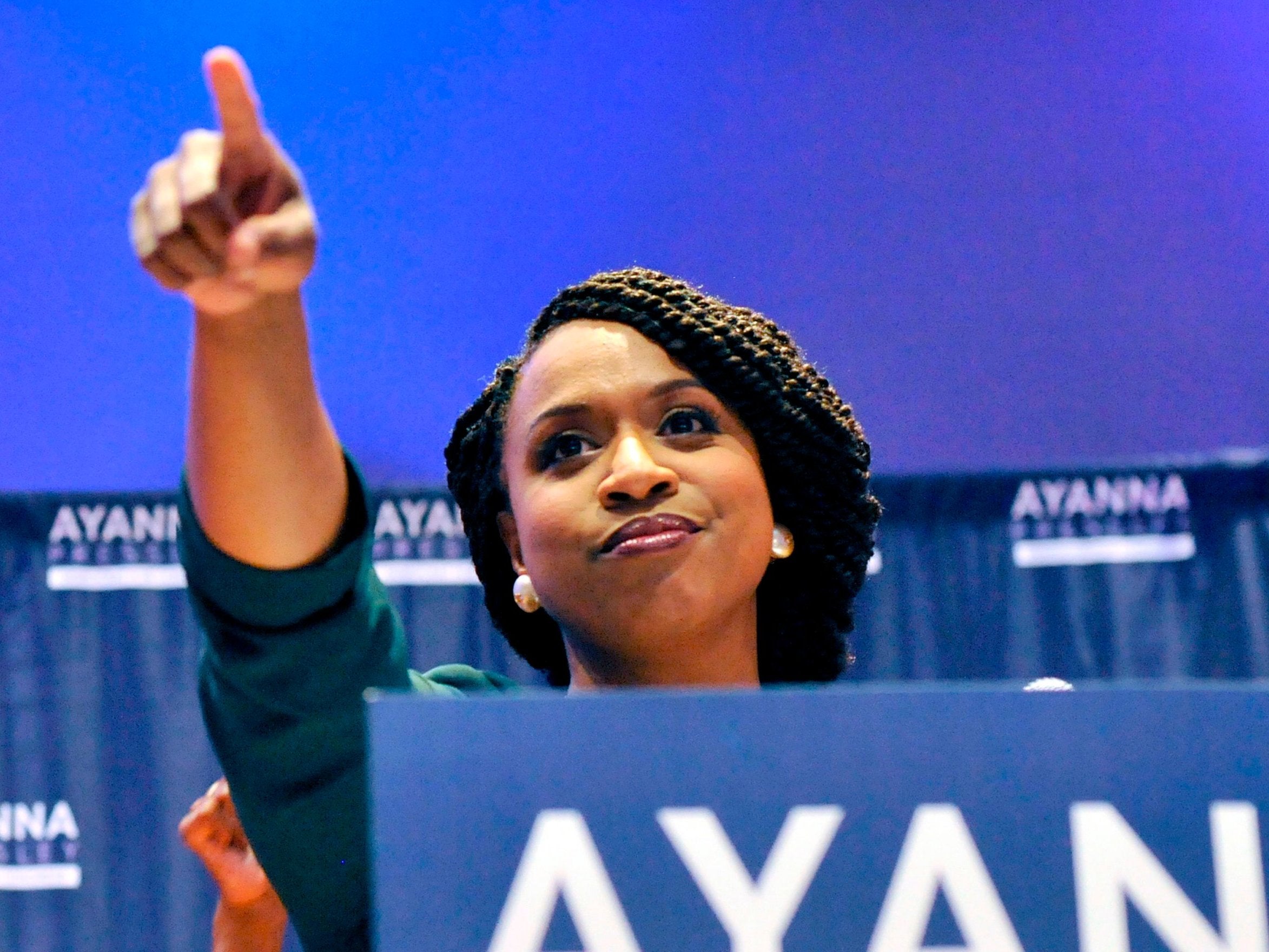 Ayanna Pressley delivers her victory speech at the IBEW Local 103 in Dorchester, Massachusetts