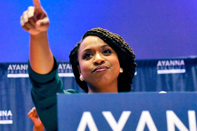 Ayanna Pressley delivers her victory speech at the IBEW Local 103 in Dorchester, Massachusetts