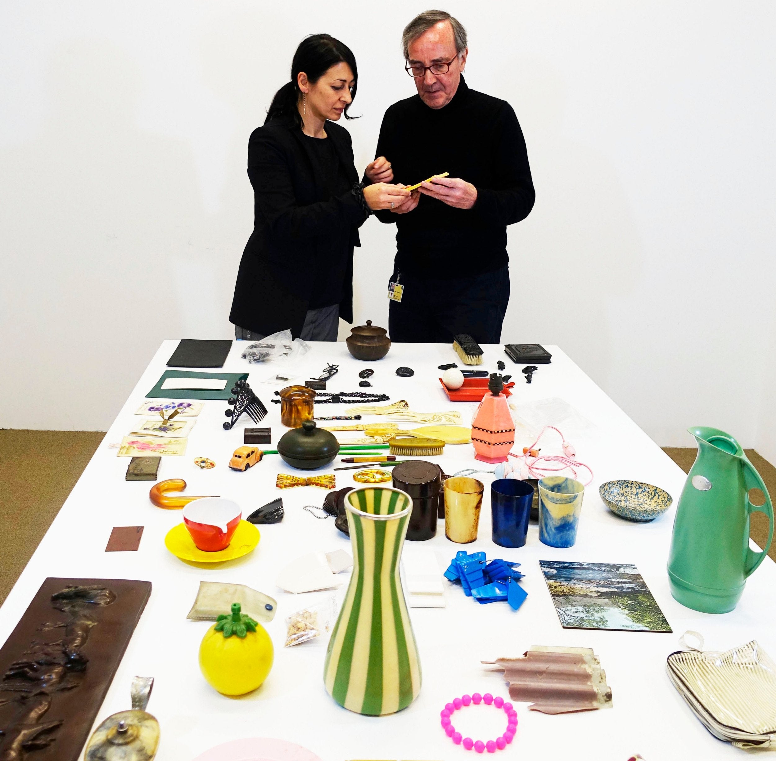 Itemised: Anna Lagana and Collin Williamson examine objects donated to the Plastics Reference Collection (J Paul Getty Trust)
