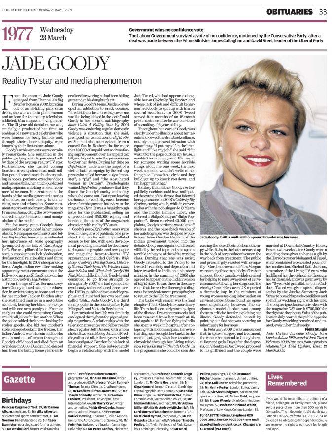 The Independent’s obituary of Jady Goody on 23 March 2009