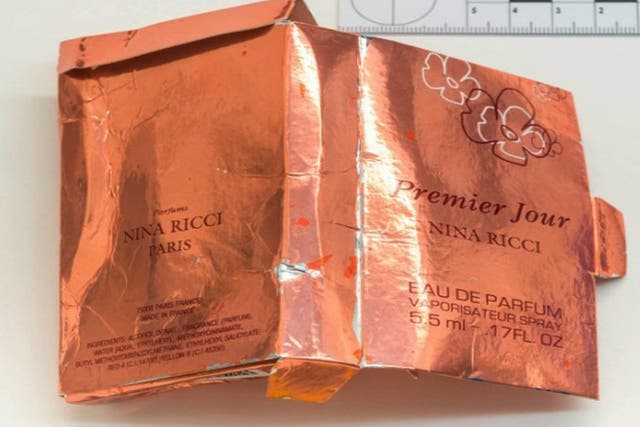 The counterfeit perfume box was found by a novichok victim in June.
