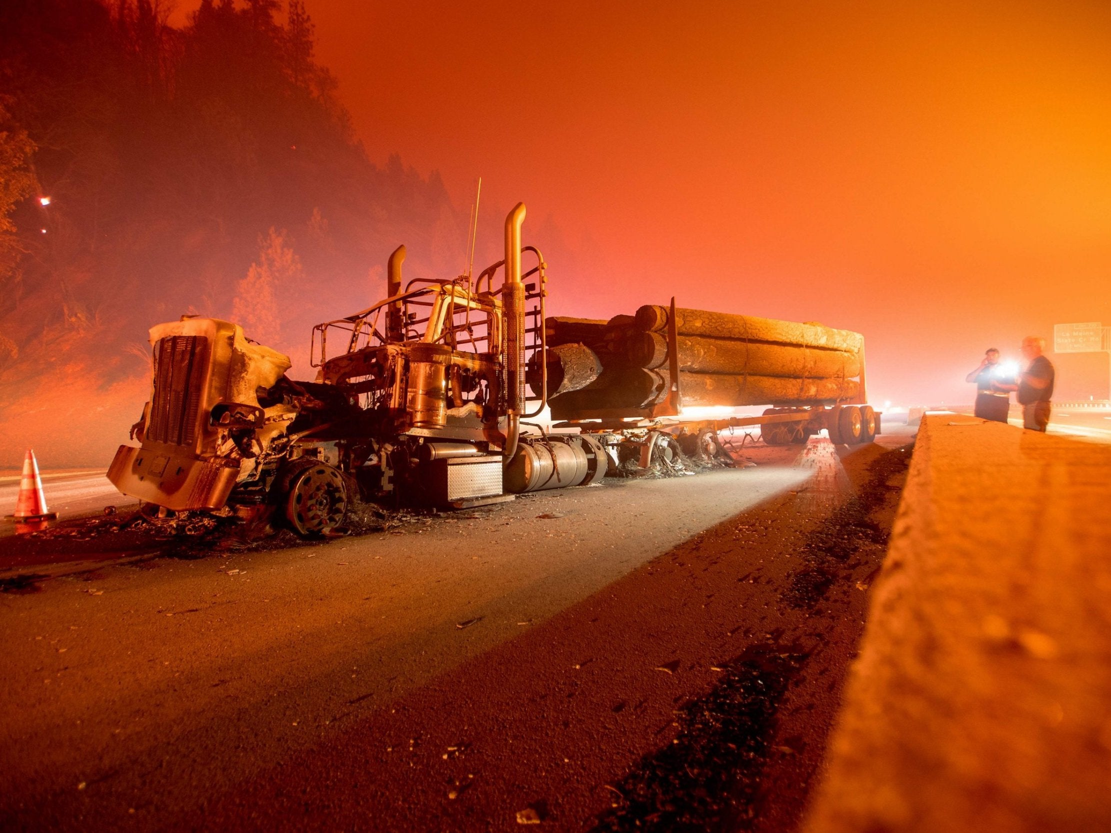 Several lorries caught fire along Interstate 5 after the wildfire tore through the region