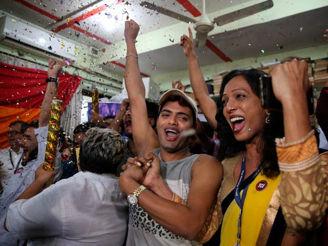 Supporters and members of the LGBT+ community celebrate in Mumbai after the India's top court struck down a colonial-era law that makes homosexual acts punishable by up to 10 years in prison