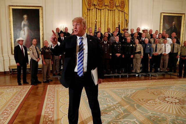 Donald Trump addresses the news media directly as he speaks on a range of topics following a meeting with sheriffs from across the country at the White House