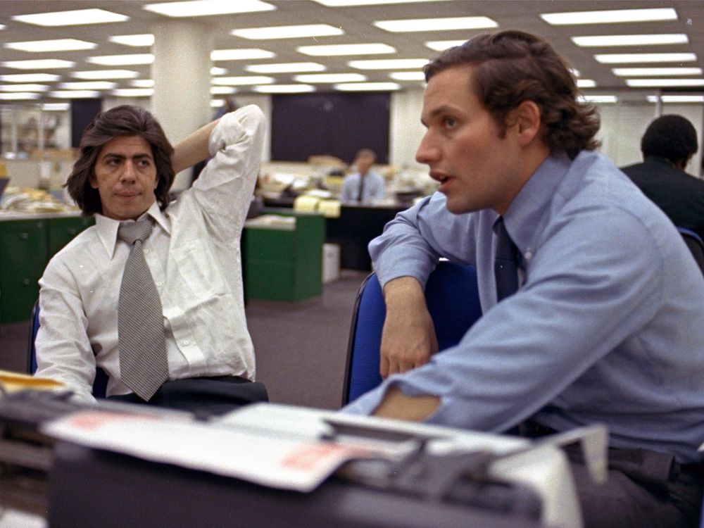 Woodward and Bernstein in the Washington Post newsroom in 1973