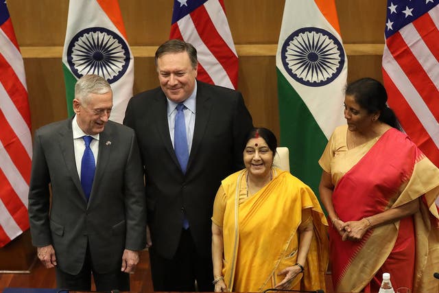 US Secretary of Defence Jim Mattis (L), US Secretary of State Mike Pompeo (2-L), Indian Foreign Minister Sushma Swaraj (2-R) and Indian Defence Minister Nirmala Sitharaman (R) pose for a photo after their meeting in Delhi