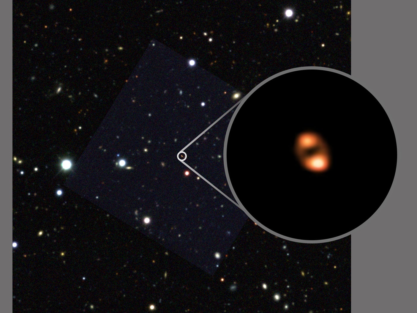 The ALMA observatory, aided by a gravitational lens, imaged the outflow, or ‘wind,’ from a galaxy seen when the universe was only one billion years old.The circular, double-lobe shape of the distant galaxy is due to the distortion caused by the cosmic magnifying effect of an intervening galaxy.