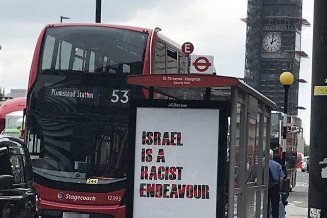 Anti-Israel sign at a bus stop in Westminster