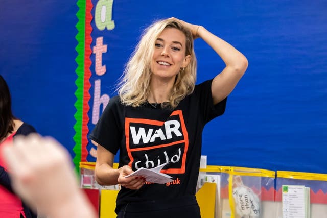Kirby, who is also a War Child UK global ambassador, visits Betty Layward Primary School in Stoke Newington