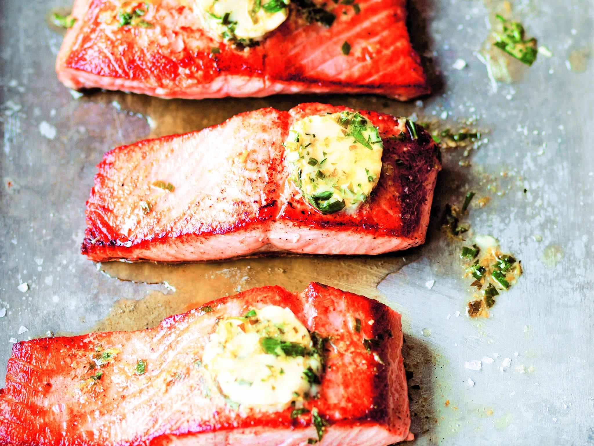This salted salmon with tarragon butter recipe from the book uses old traditions of salting fish to preserve it, but here its salted just enough to ensure the umami tastes