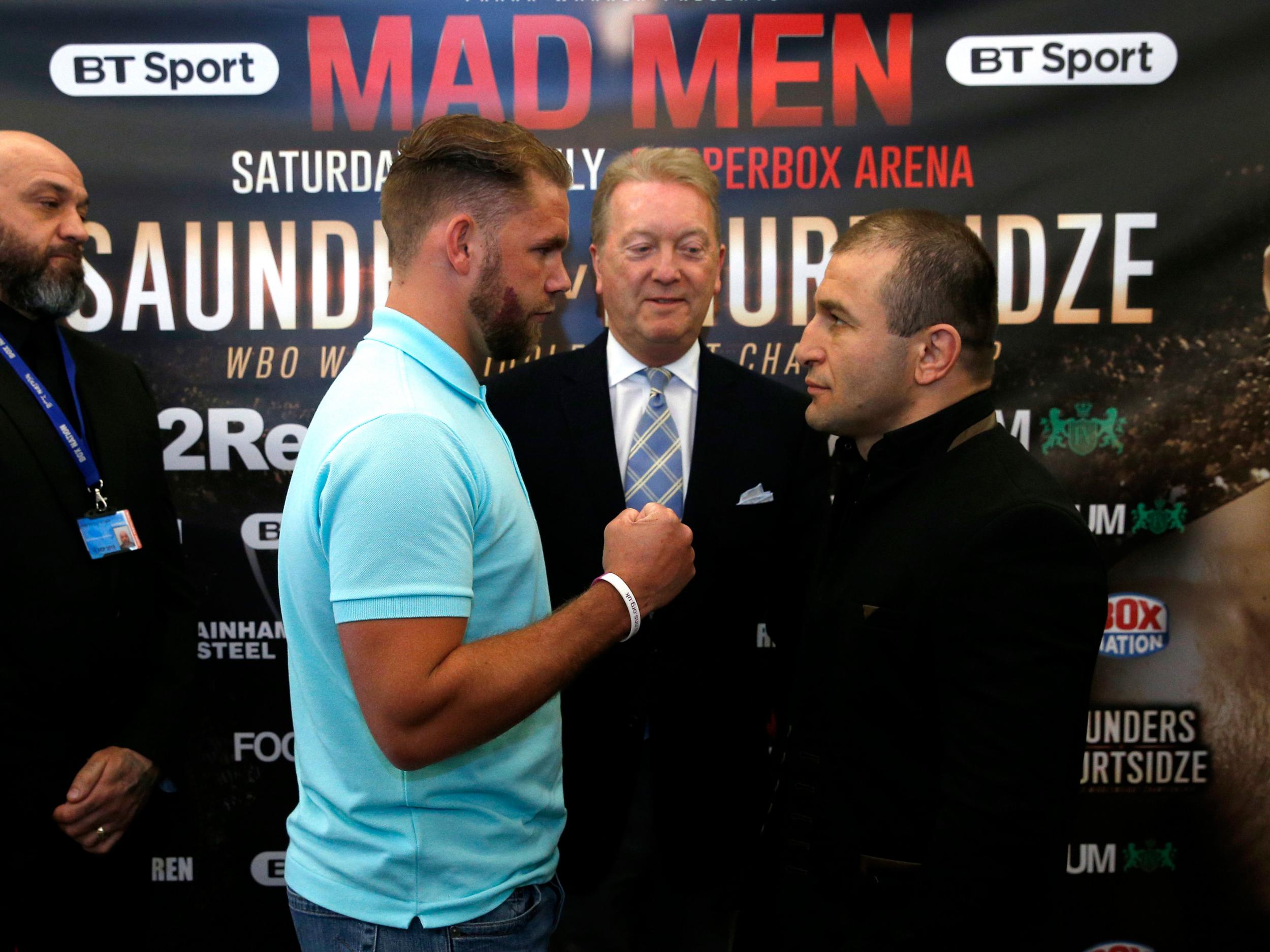 Avtandil Khurtsidze (right) faces British boxer Billy Joe Saunders at a press conference to promote their planned fight. Before it could take place, Khurtsidze was arrested. (Reuters / Andrew Couldridge )