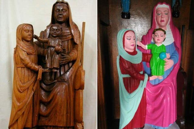 Sculptures of Mary and Jesus given a botched restoration in Ranadoiro in the Asturias region of Spain