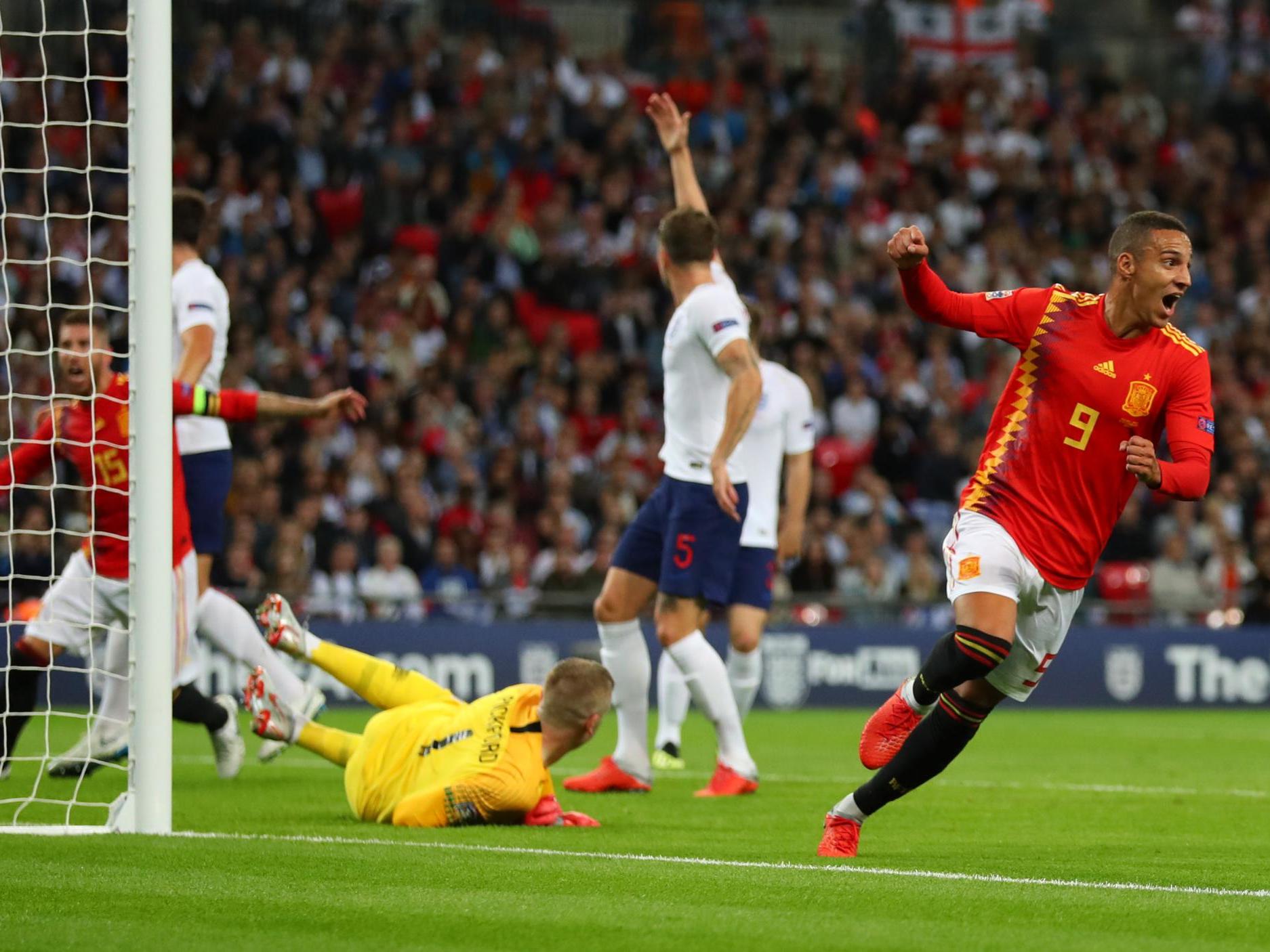 Rodrigo Moreno celebrates scoring Spain's second goal at Wembley