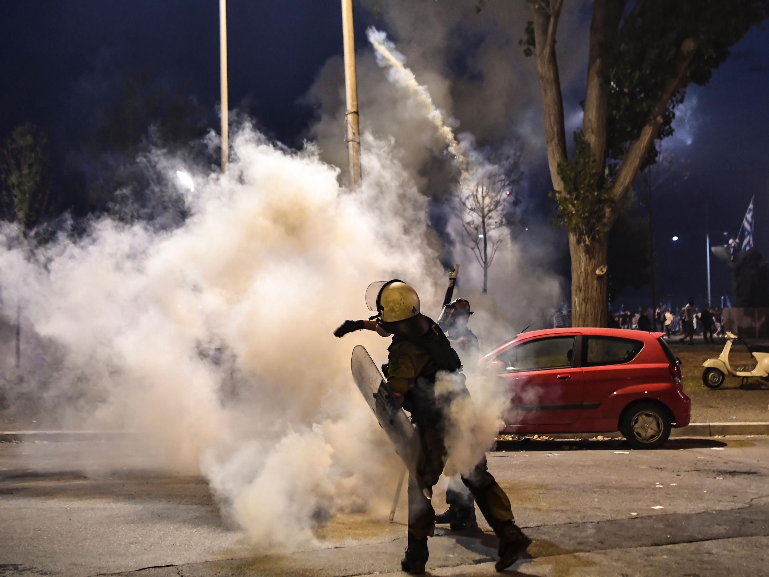 Riot police during a demonstration against the agreement reached by Greece and Macedonia to resolve a dispute, on 8 September in Thessaloniki
