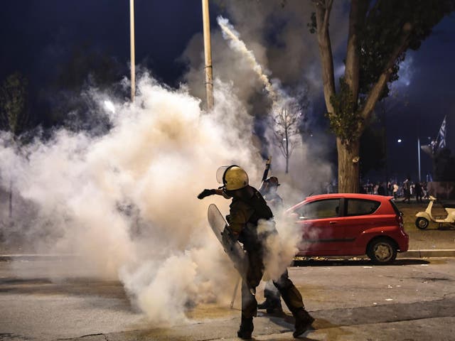 Riot police during a demonstration against the agreement reached by Greece and Macedonia to resolve a dispute, on September 8 in Thessaloniki