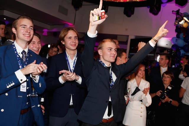 Young members and supporters of the far-right Sweden Democrats react to the results of the exit polls at their party election centre