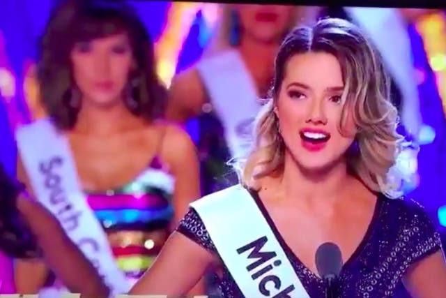 Emily Sioma, Miss Michigan 2019, addresses her state's ongoing water crisis in the town of Flint during the Miss America beauty pageant.
