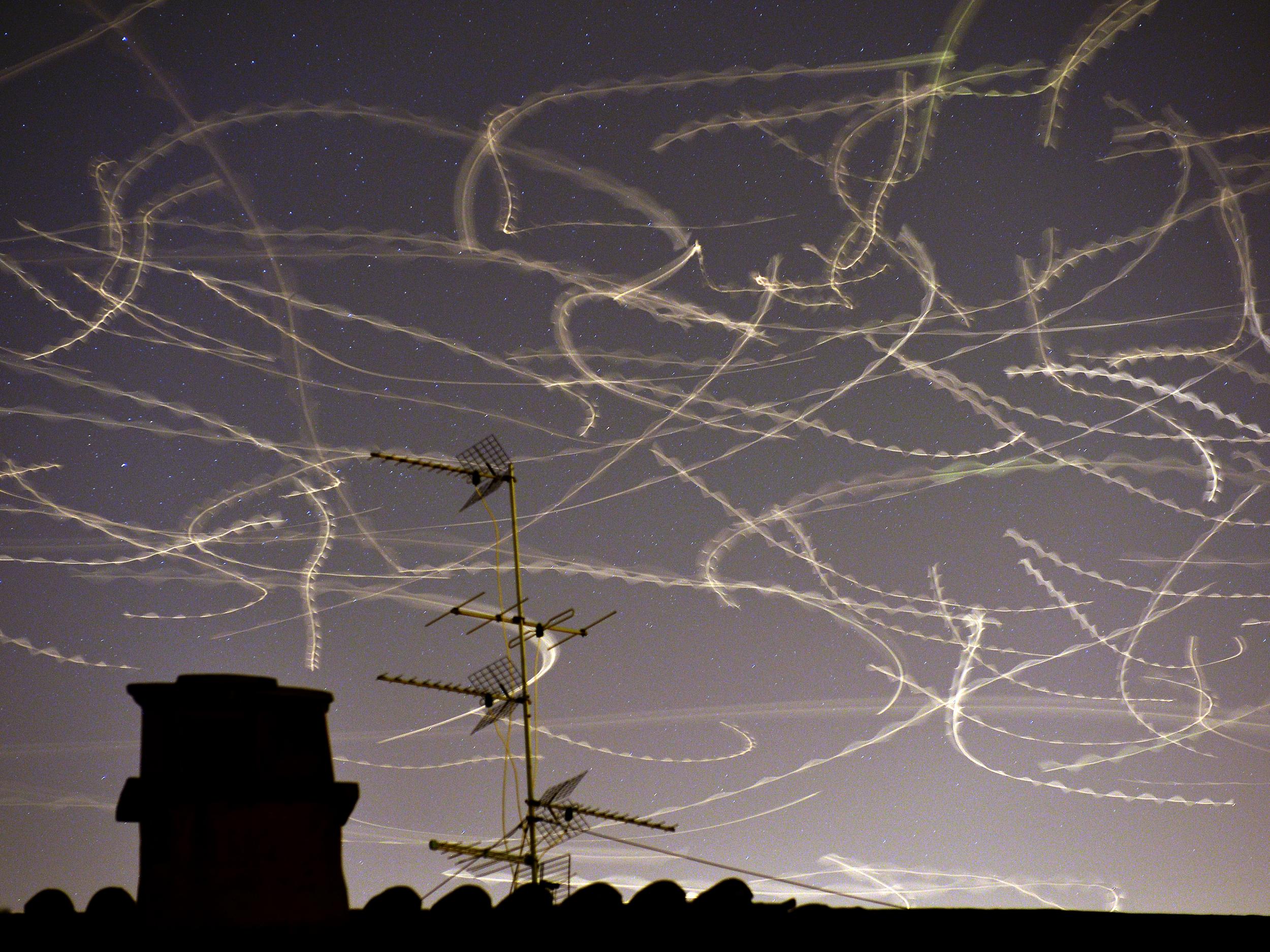 Slow exposure shows seagulls flying in the sky over Rome