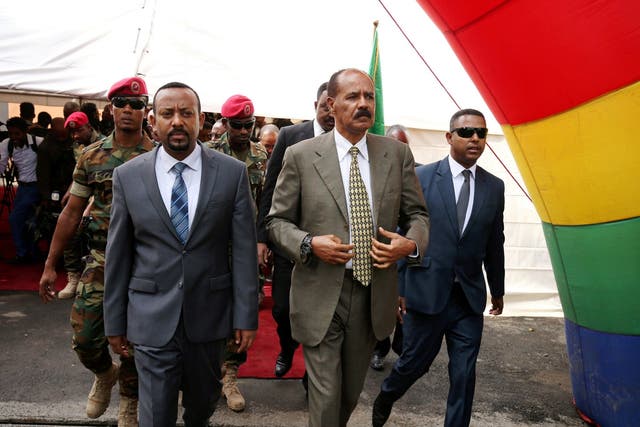 Eritrea's president and Ethiopia's prime minister arrive for an inauguration ceremony marking the reopening of the Eritrean embassy in Addis Ababa, Ethiopia in July