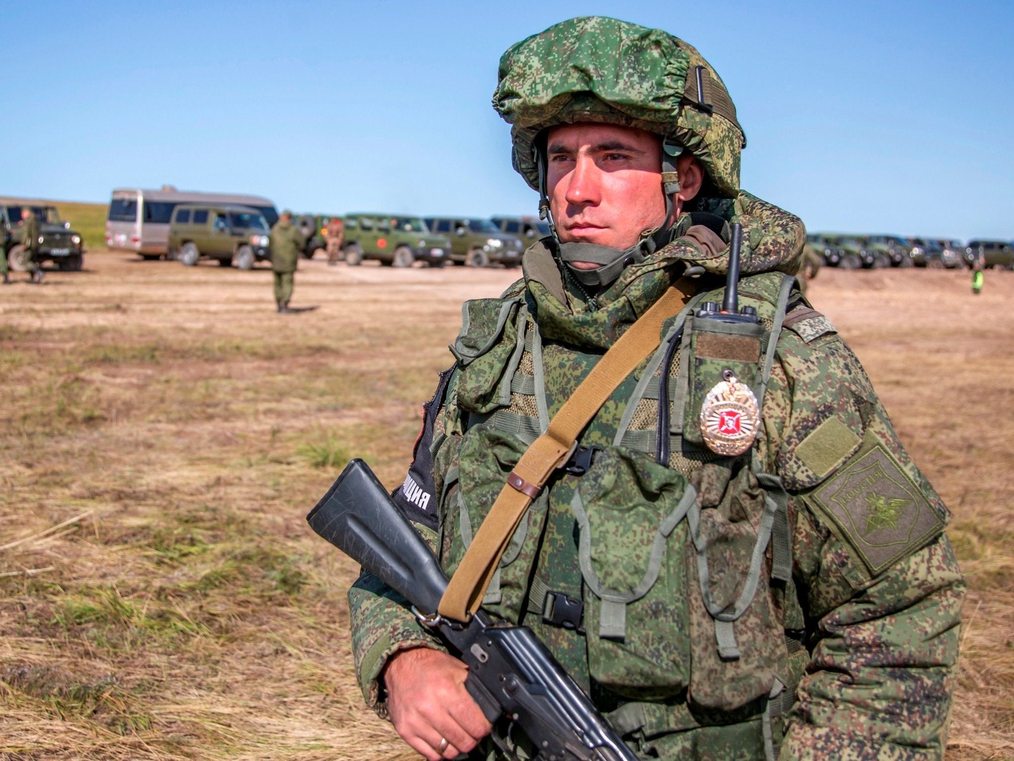 &#13;
A Russian soldier stands guard as troops ready for Vostok 2018 &#13;