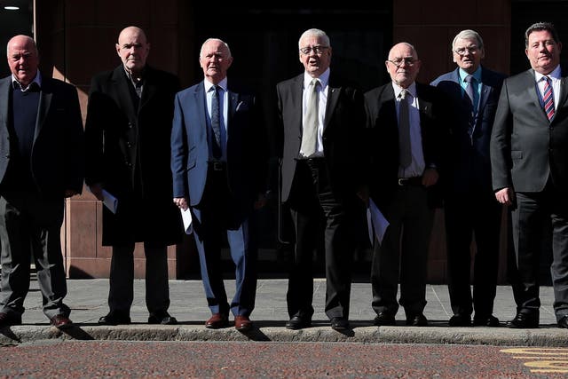 Seven of 'The Hooded Men' pictured in Belfast in June 2018. From left to right: Jim Auld, Patrick McNally, Liam Shannon, Francie McGuigan, Davy Rodgers, Brian Turley and Joe Clarke