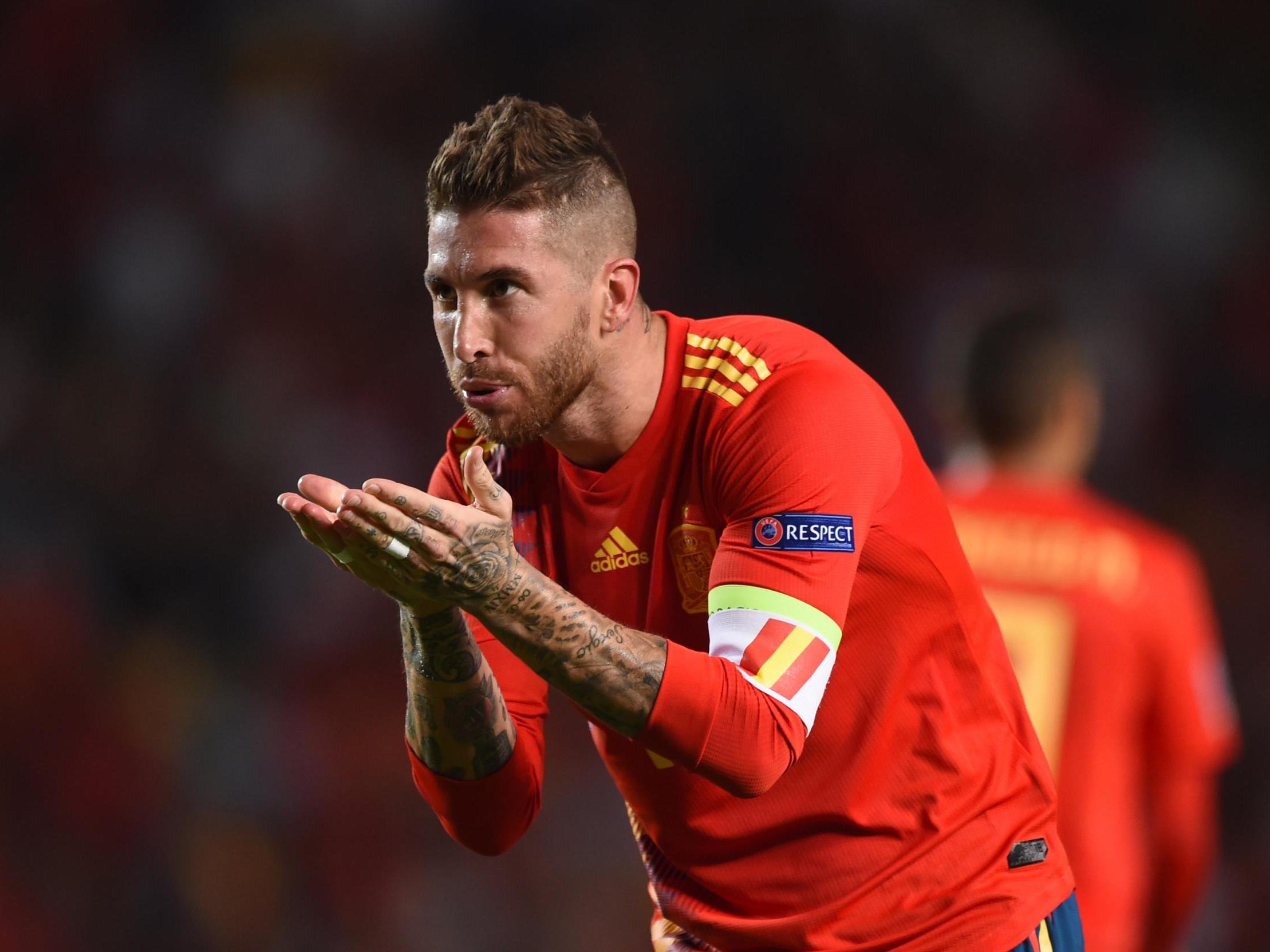 Sergio Ramos celebrates after scoring Spain's fifth goal