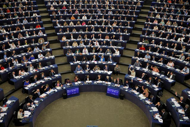 Members of the European Parliament take part in a vote on modifications to EU copyright reforms during a voting session at the European Parliament in Strasbourg, France, September 12, 2018