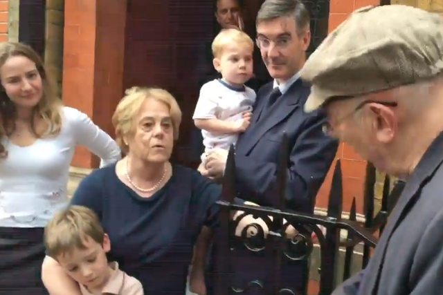 Protester confronts Rees-Mogg family outside their Westminster home