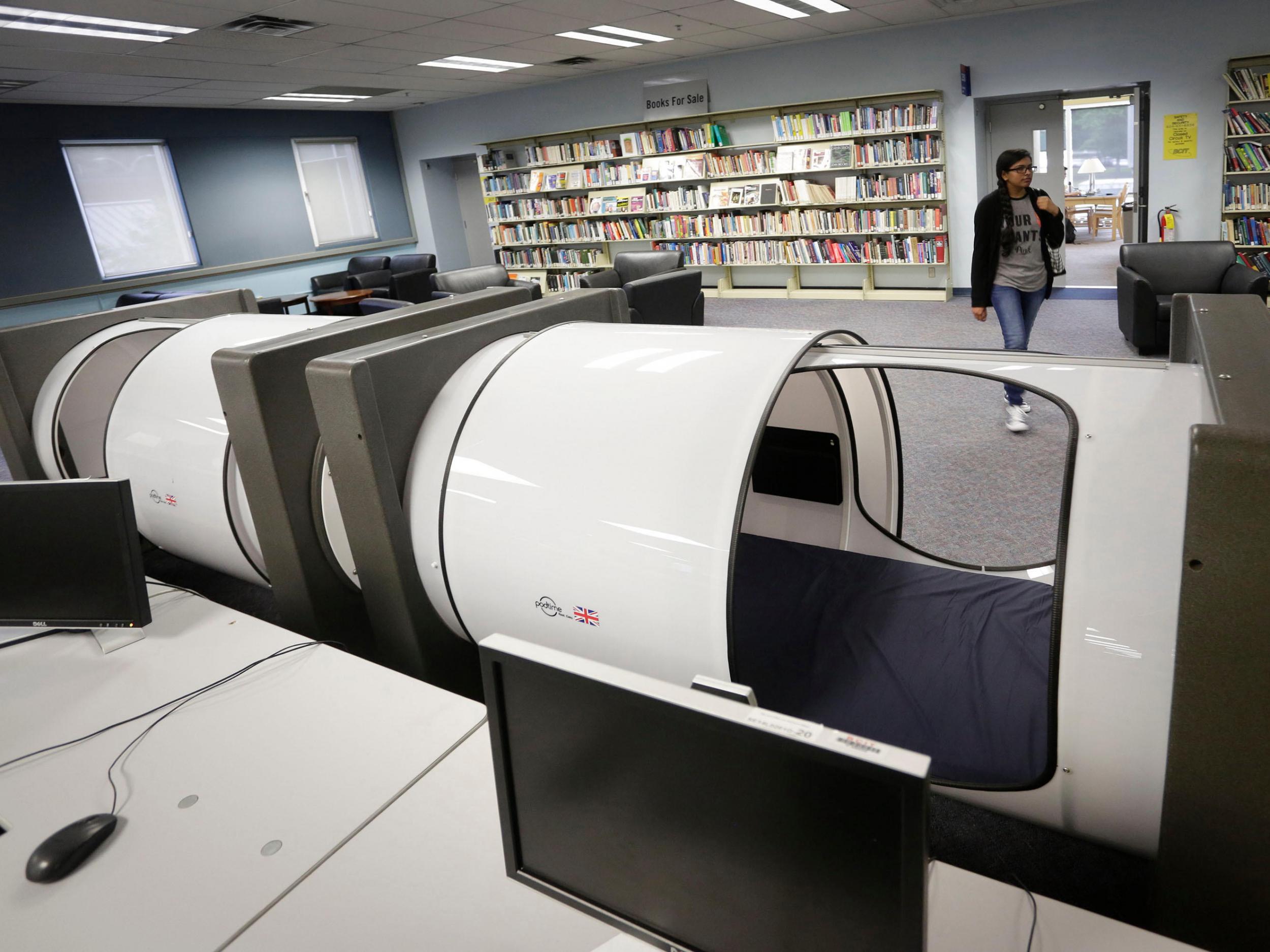 Two sleep pods inside the campus library of the British Columbia Institute of Technology (BCIT) in Vancouver, Canada