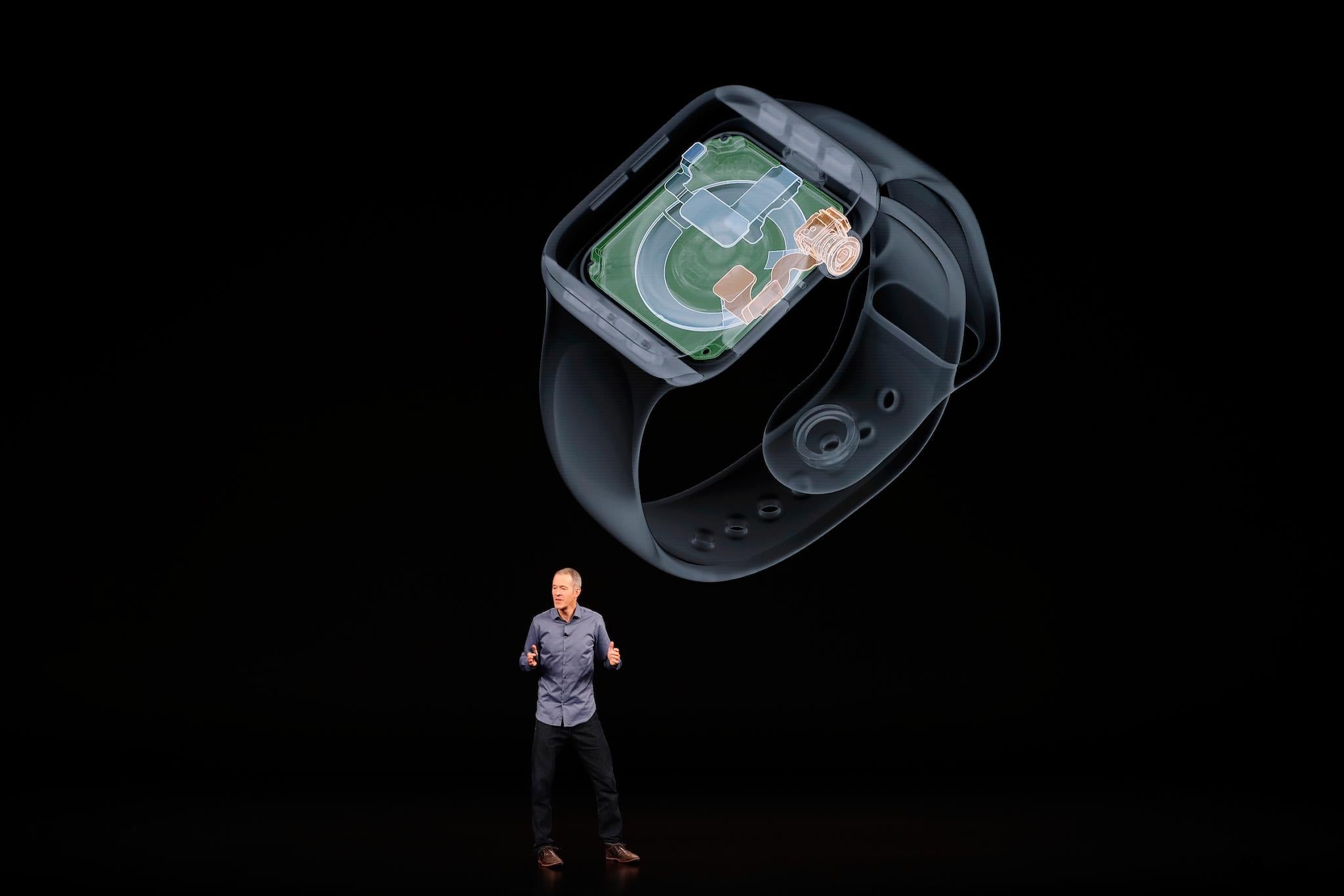 Jeff Williams, Chief Operating Officer of Apple, speaks about the the new Apple Watch Series 4 at an Apple Inc product launch event at the Steve Jobs Theater in Cupertino, California