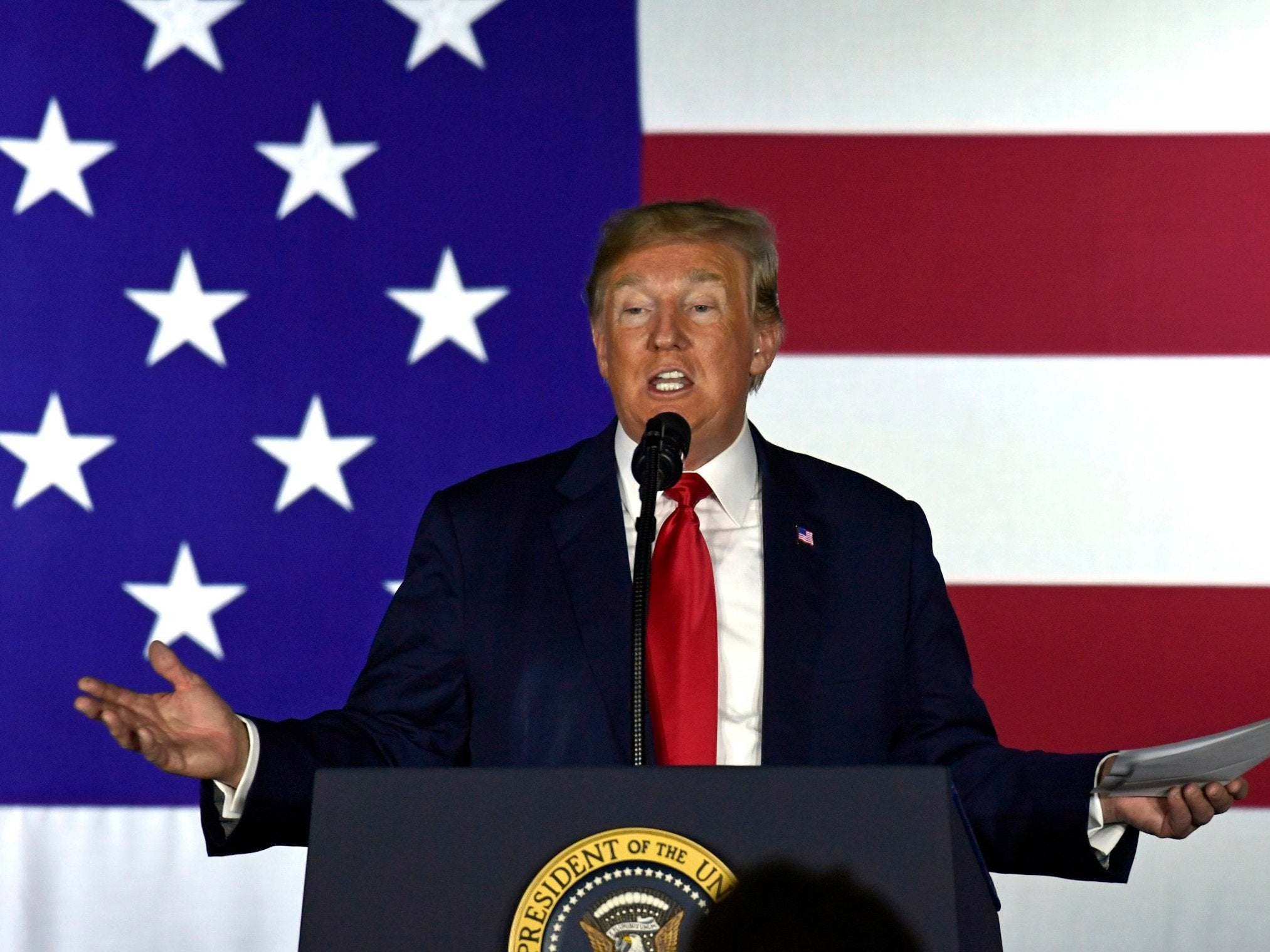 Donald Trump speaks at a fundraiser in Fargo, North Dakota