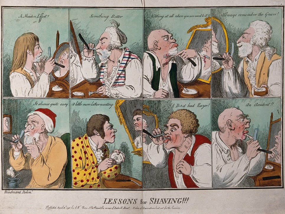 A sequence of eight images showing men shaving. Coloured etching, 1796