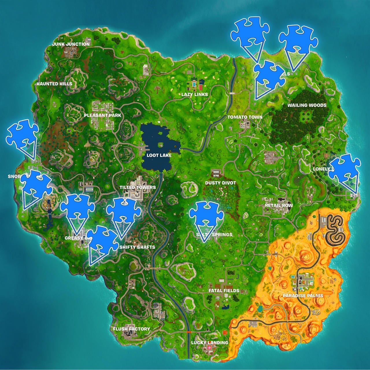 The locations of the 10 jigsaw puzzle pieces on the Fortnite map