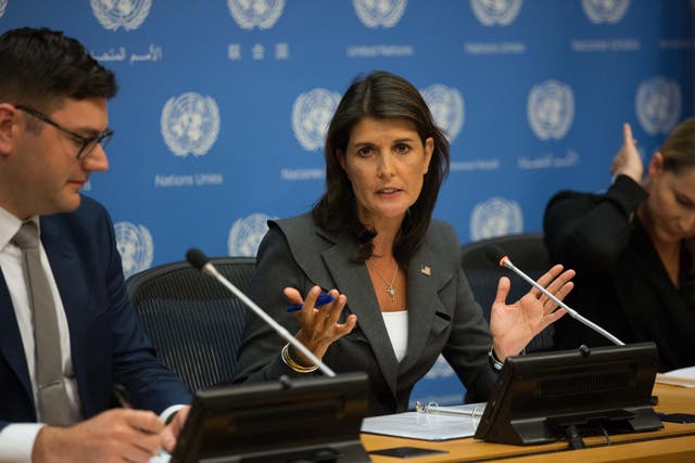 Nikki Haley, the current occupant of the US ambassador's residence, speaks during a press conference at the United Nations headquarters