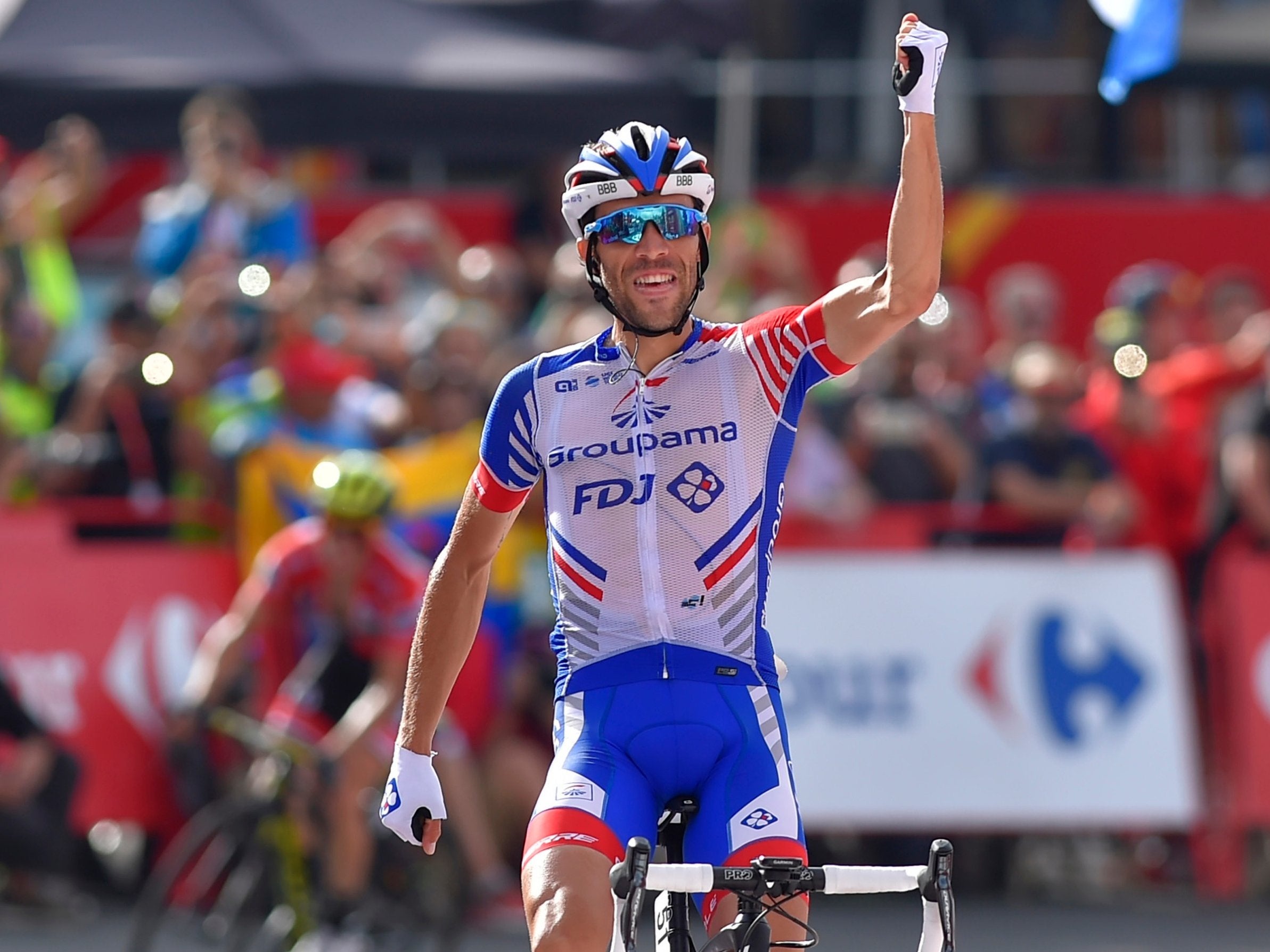Thibaut Pinot won the stage as Yates, background, finished second