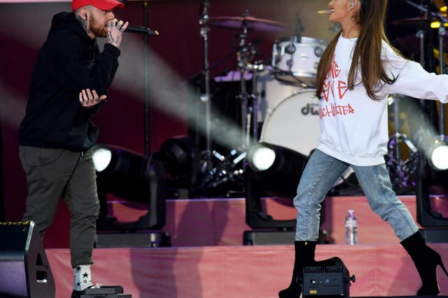 <p>Mac Miller and Ariana Grande perform on stage for the 'One Love Manchester' benefit concert in June 2017</p>