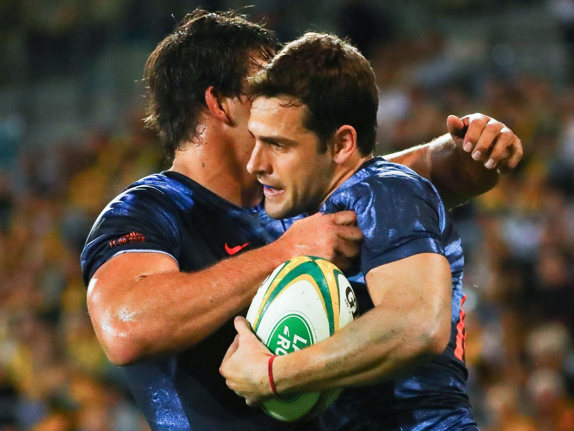 Nicolas Sanchez celebrates after scoring a try as Argentina beat Australia