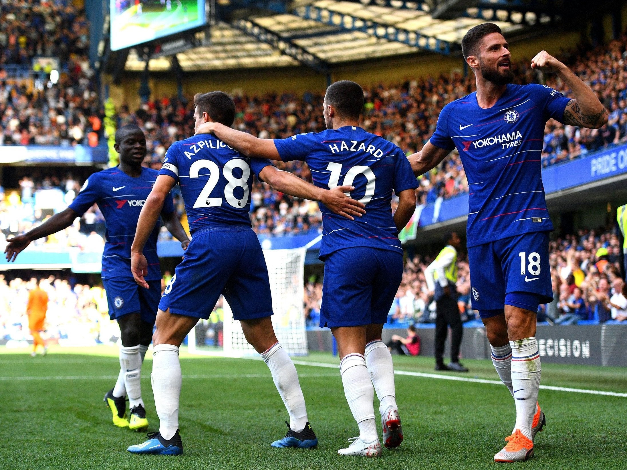 Chelsea celebrate after Eden Hazard puts them in front against Cardiff