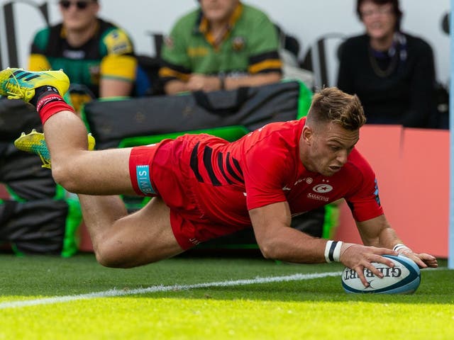 Alex Lewington scores one of Saracens' five tries as they beat Northampton Saints