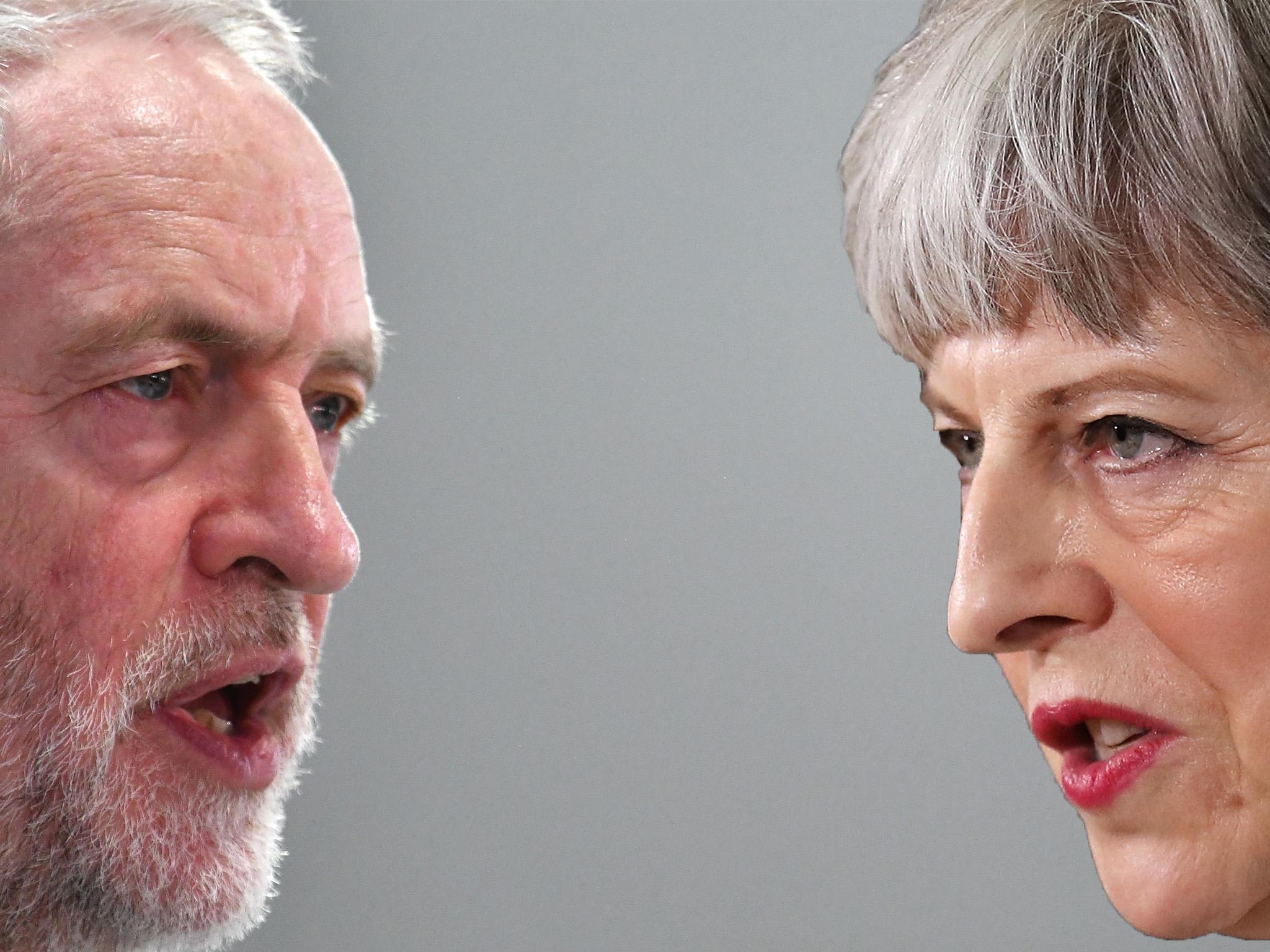 Comp of Corbyn and May with a considerable centre ground