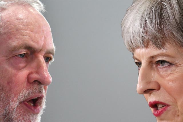 Comp of Corbyn and May with a considerable centre ground