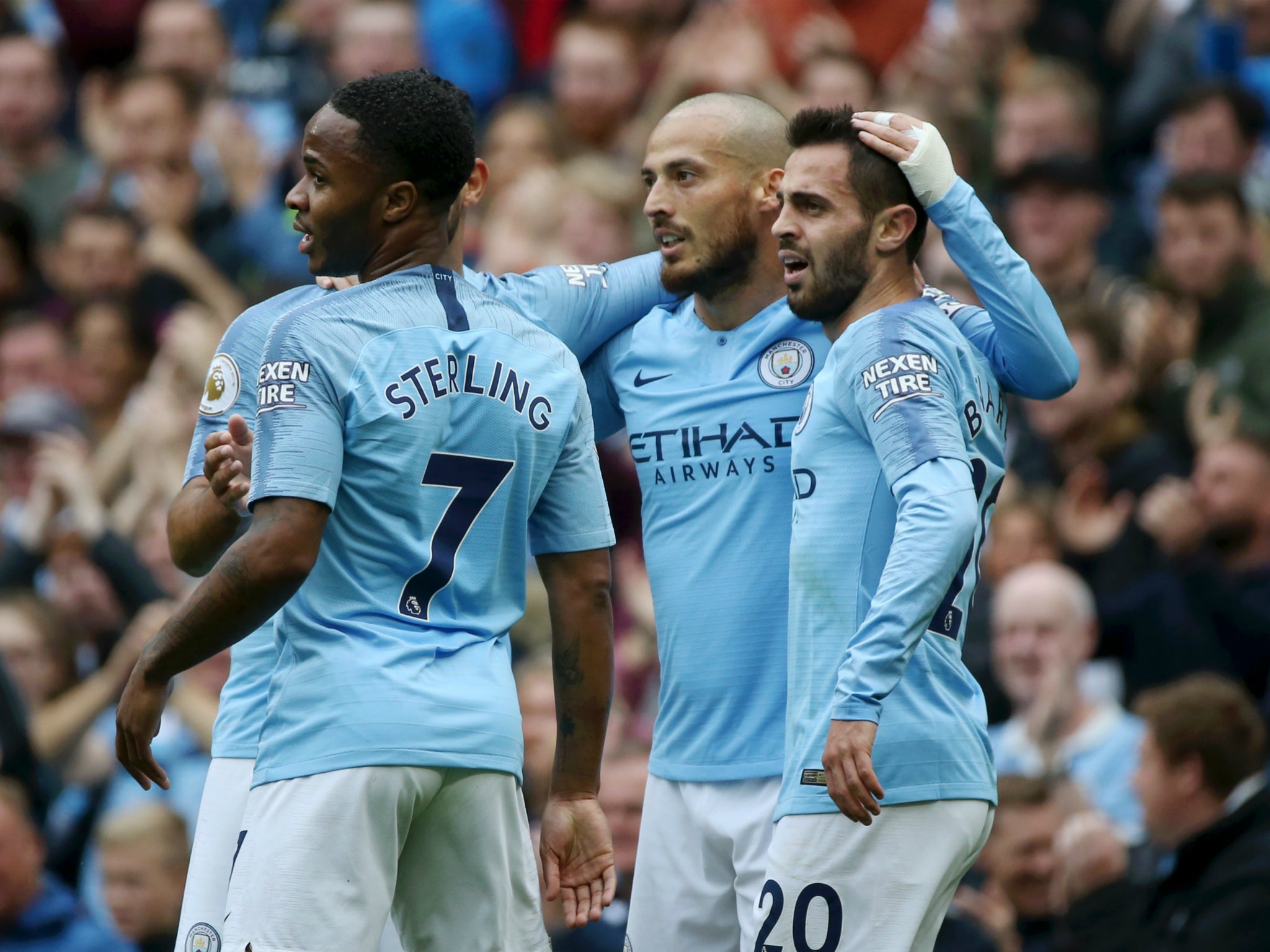 David Silva celebrates scoring during City’s heavy win