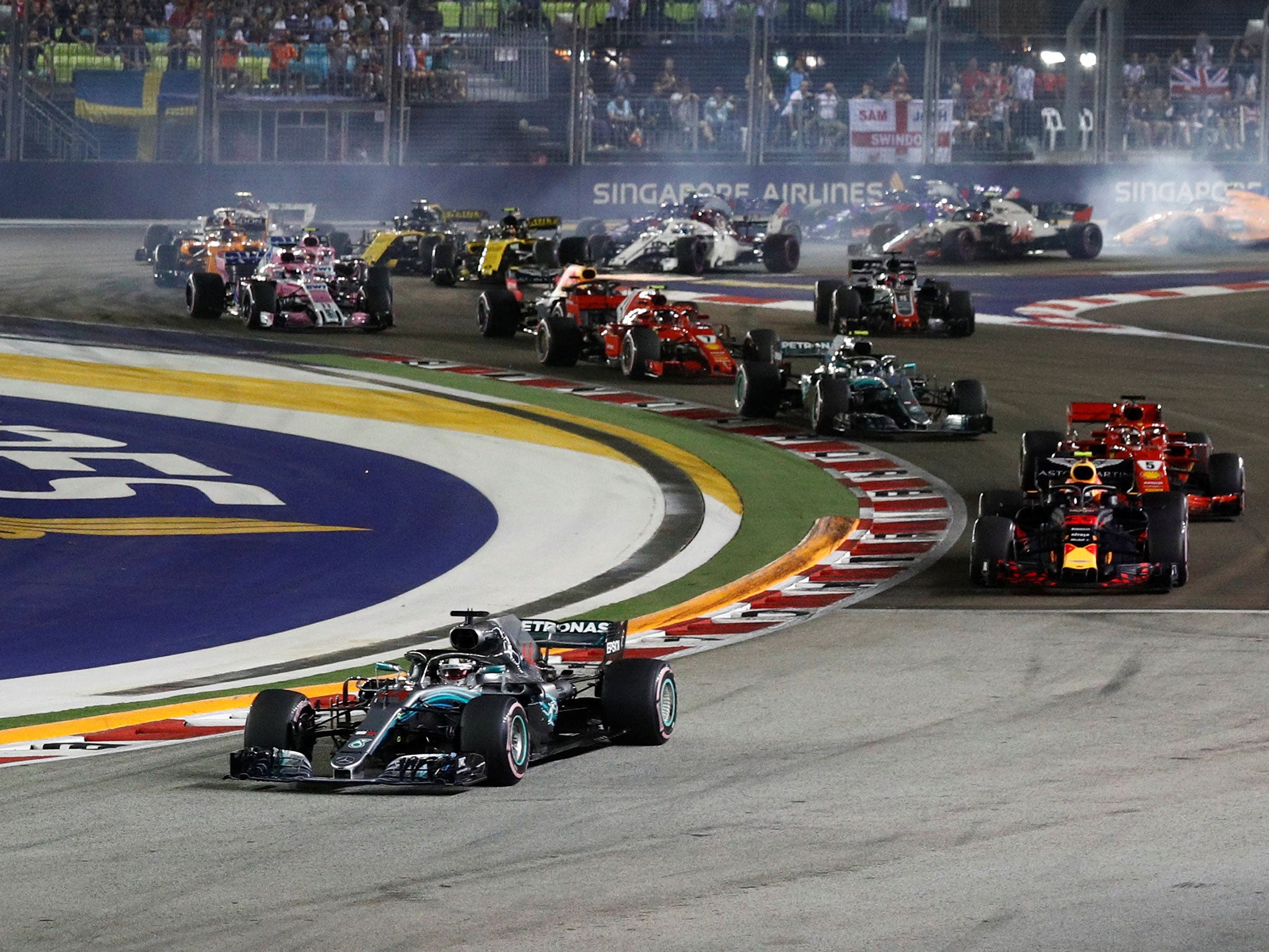 Lewis Hamilton leads the field into the opening corners